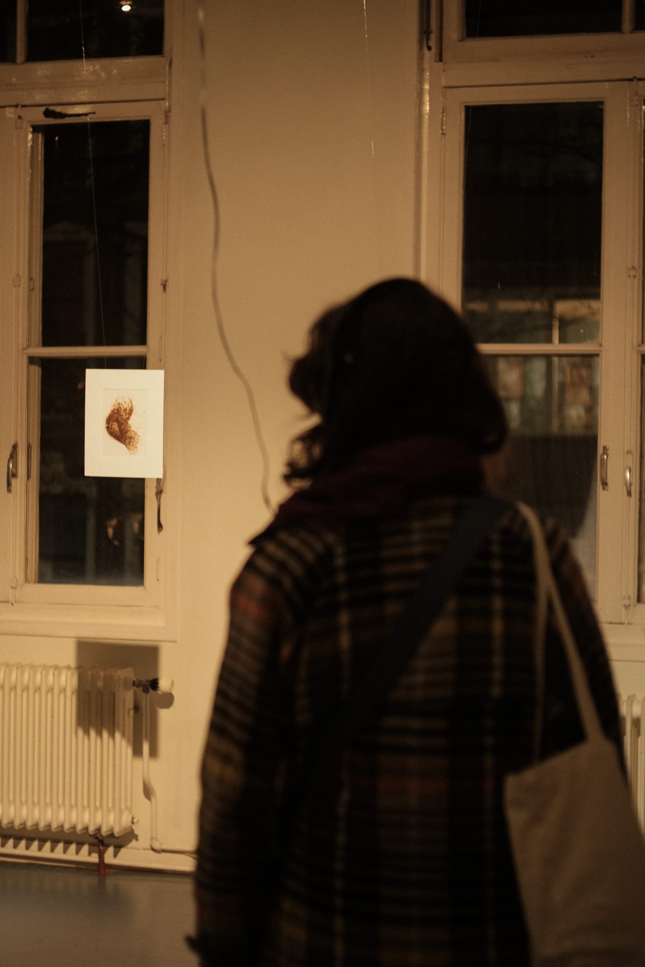 image of someone looking at an artwork hanging in the back