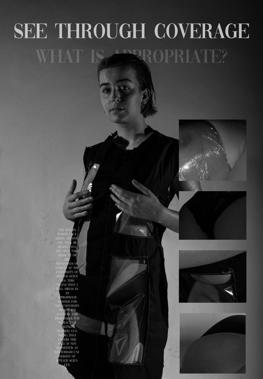 black and white image of woman with see through dress and pictures of close ups edited in