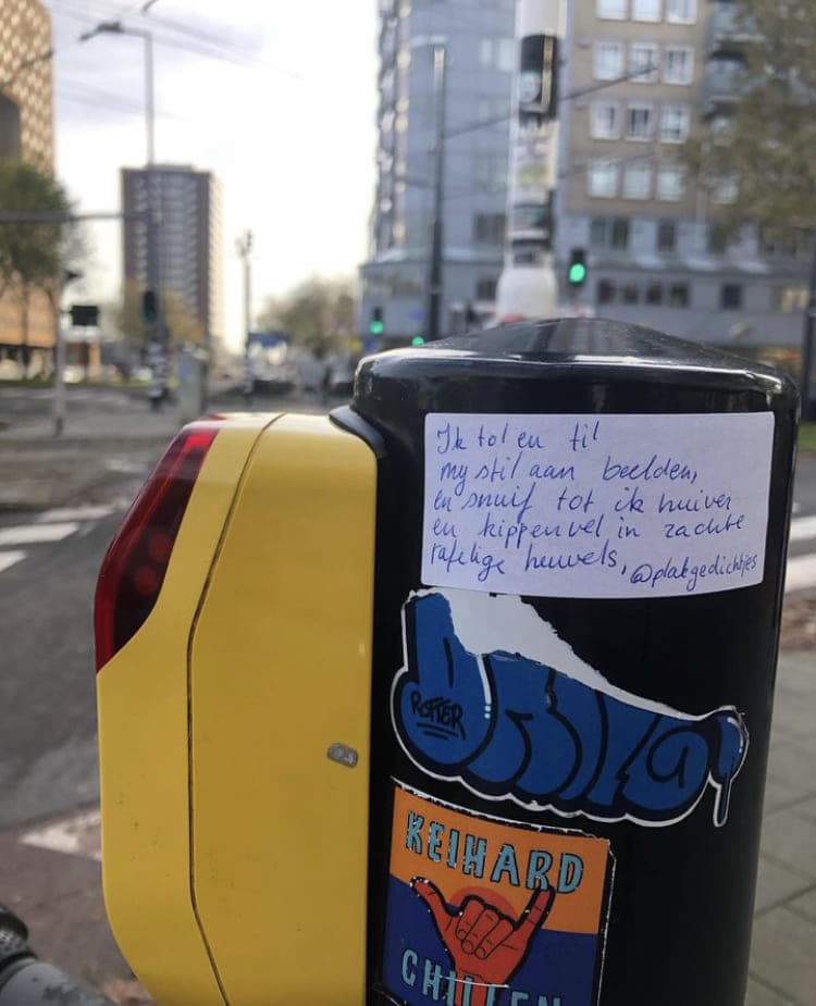 sticker with poem on traffic pole