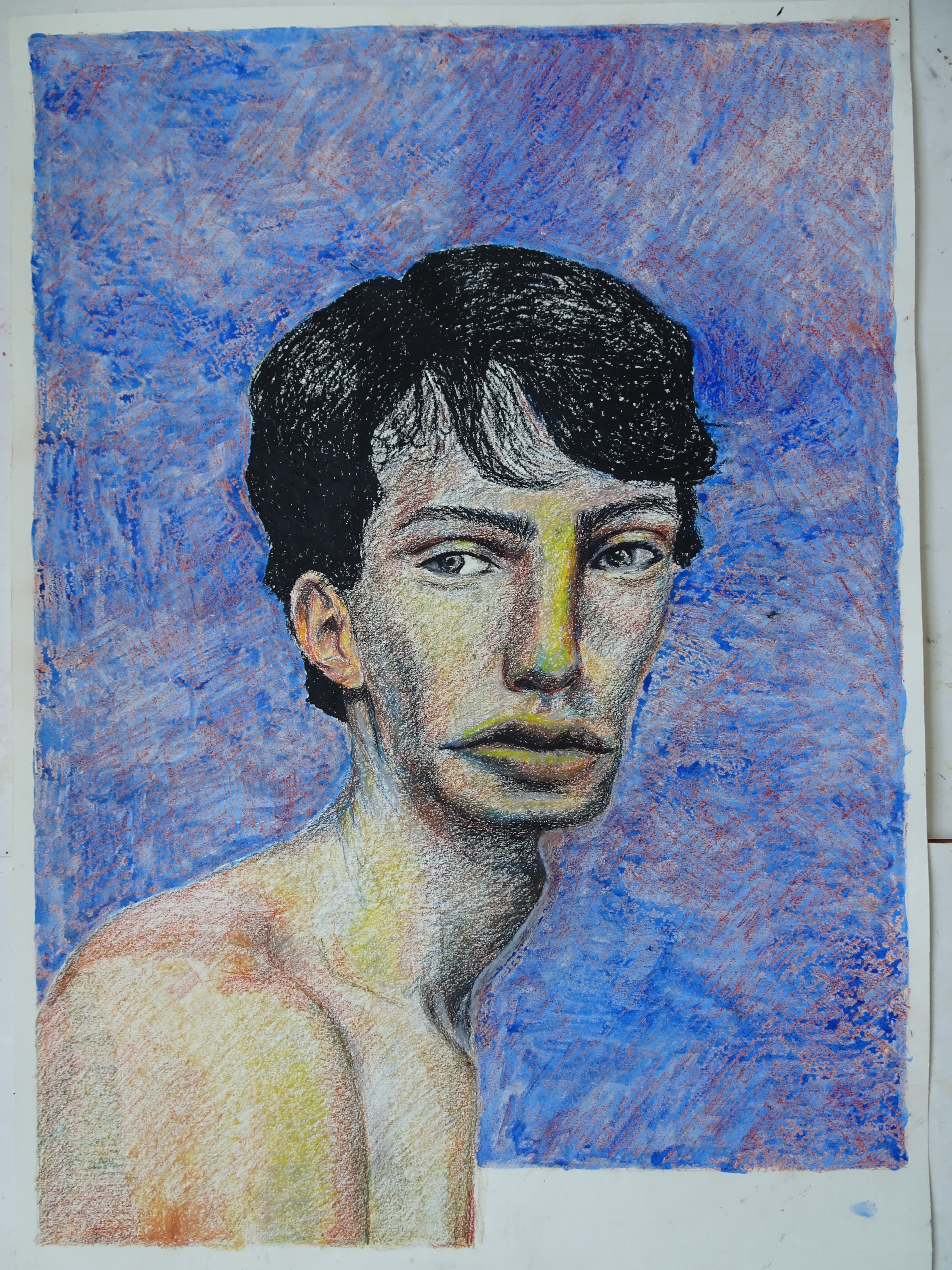 pastel drawing of boy with a large mouth